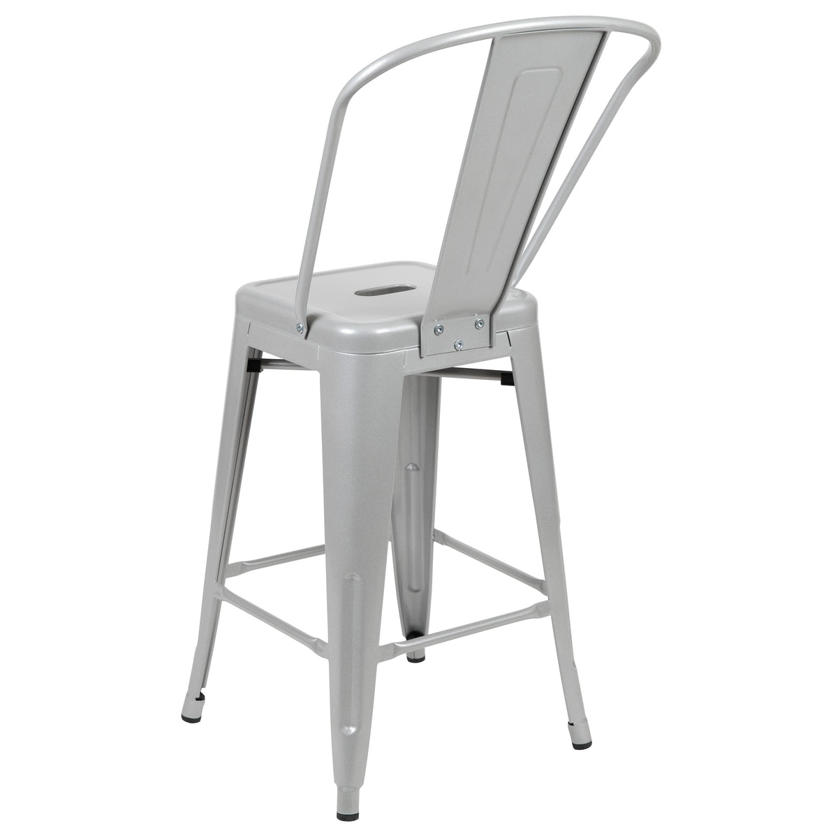 Silver |#| 24" High Silver Metal Indoor-Outdoor Counter Height Stool with Back