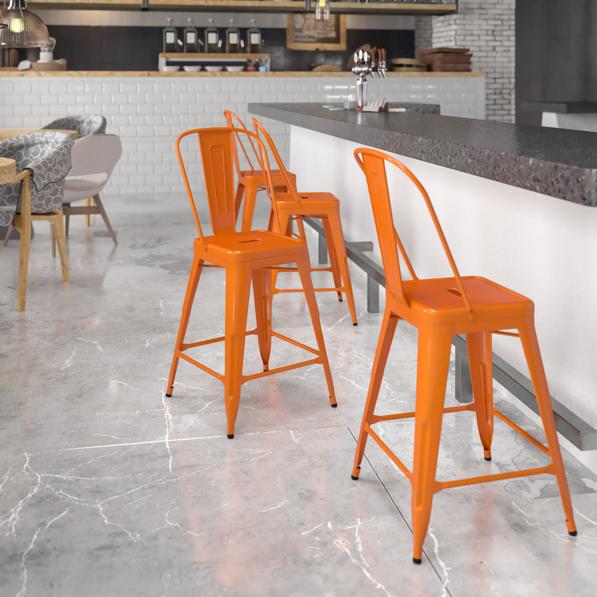 Orange |#| 24" High Orange Metal Indoor-Outdoor Counter Height Stool with Back