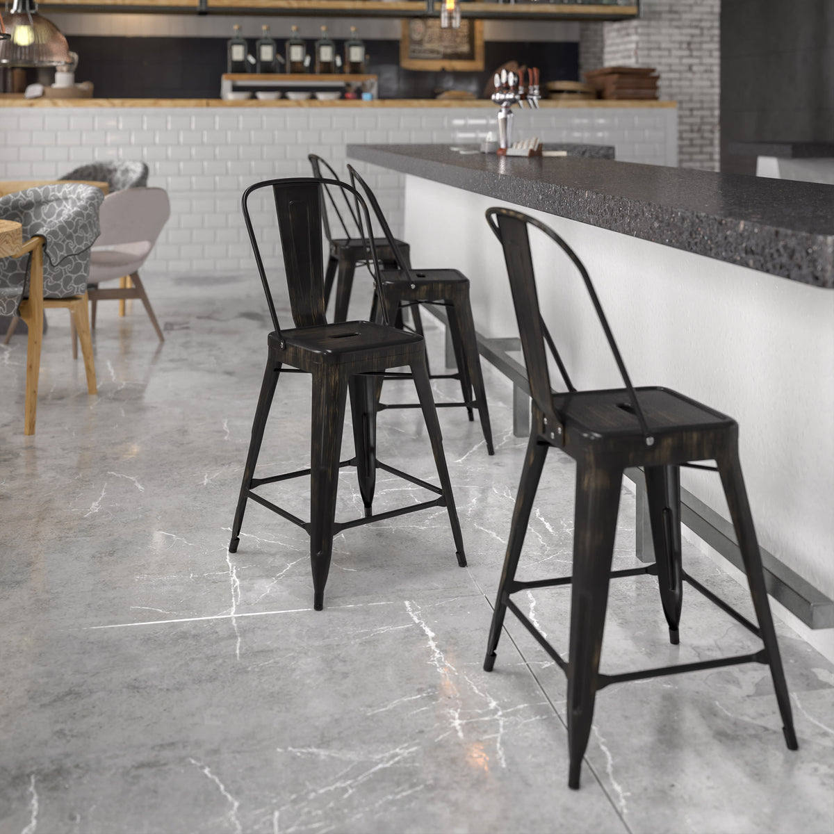 Black-Antique Gold |#| 24" High Black-Antique Gold Metal Indoor-Outdoor Counter Height Stool with Back