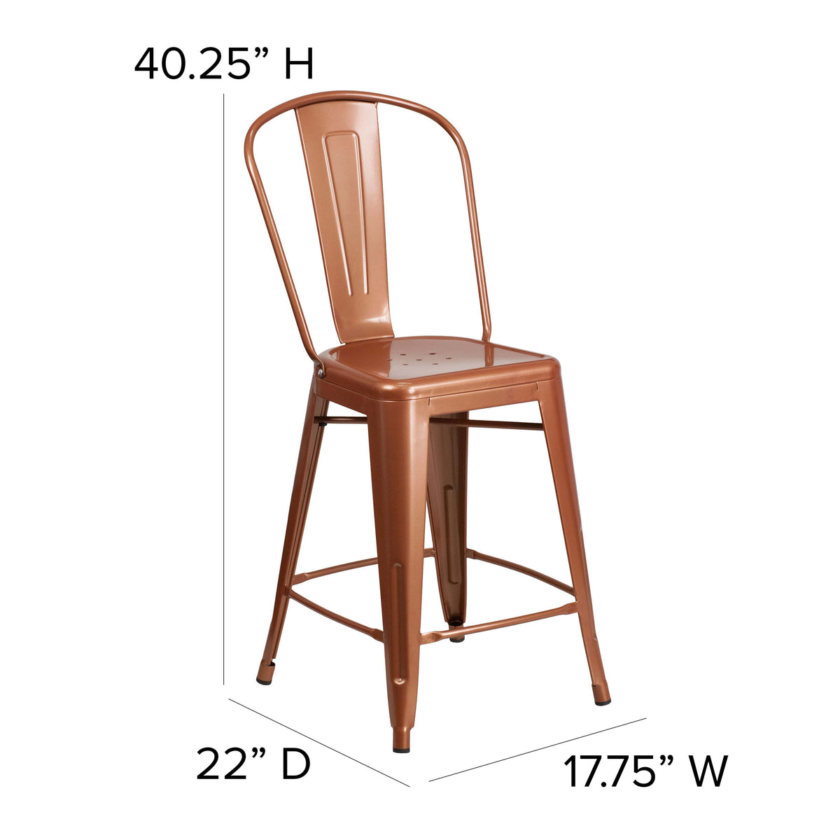 Copper |#| 24" High Copper Metal Indoor-Outdoor Counter Height Stool with Back