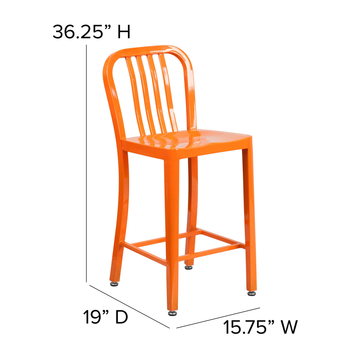 Orange |#| 24" High Orange Metal Indoor-Outdoor Counter Height Stool w/ Vertical Slat Back