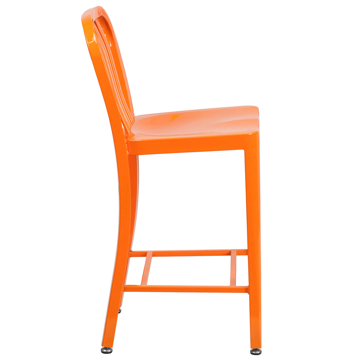 Orange |#| 24" High Orange Metal Indoor-Outdoor Counter Height Stool w/ Vertical Slat Back
