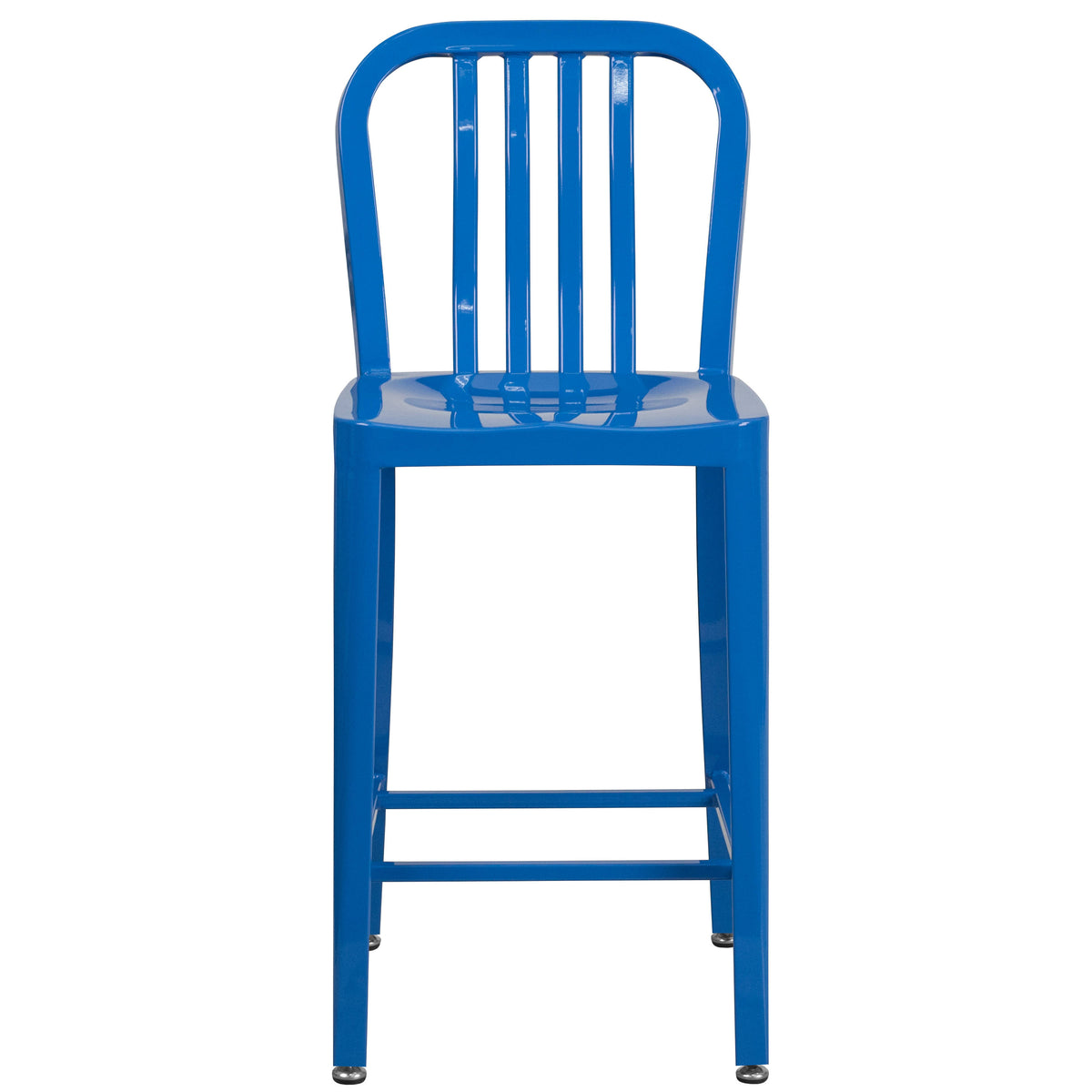 Blue |#| 24" High Blue Metal Indoor-Outdoor Counter Height Stool with Vertical Slat Back