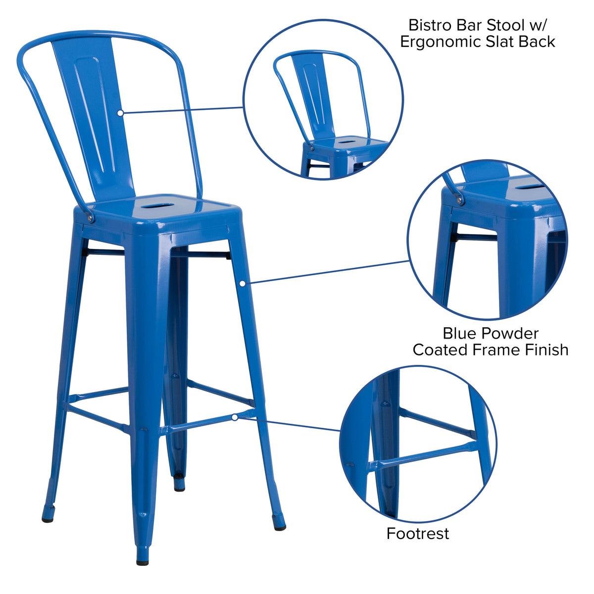 Blue |#| 30" High Blue Metal Indoor-Outdoor Barstool with Back - Kitchen Furniture