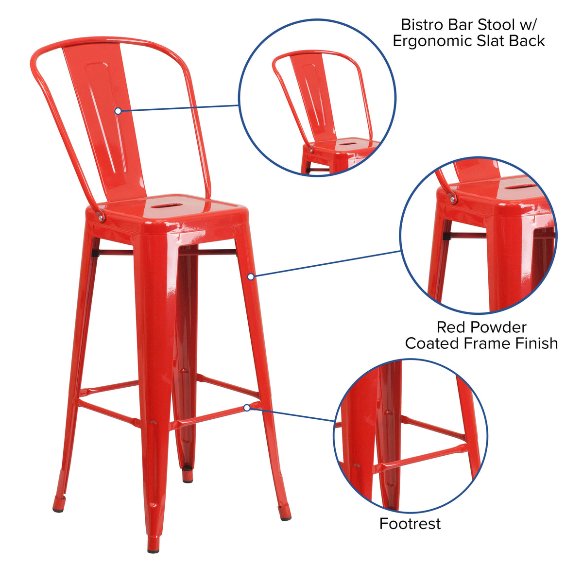 Red |#| 30" High Red Metal Indoor-Outdoor Barstool with Back - Kitchen Furniture
