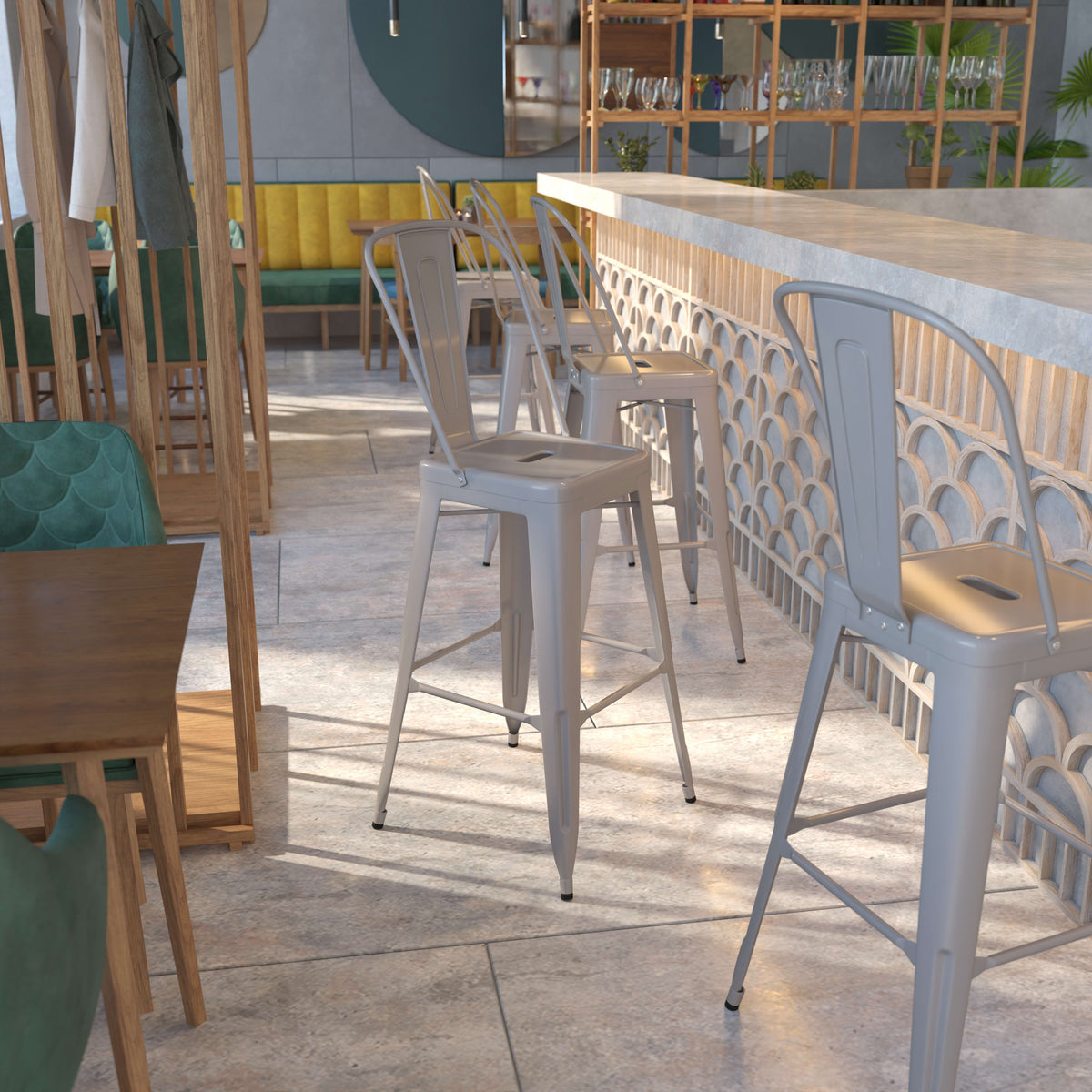 Silver |#| 30" High Silver Metal Indoor-Outdoor Barstool with Back - Kitchen Furniture