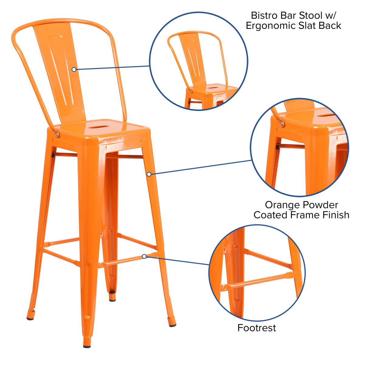 Orange |#| 30" High Orange Metal Indoor-Outdoor Barstool with Back - Kitchen Furniture