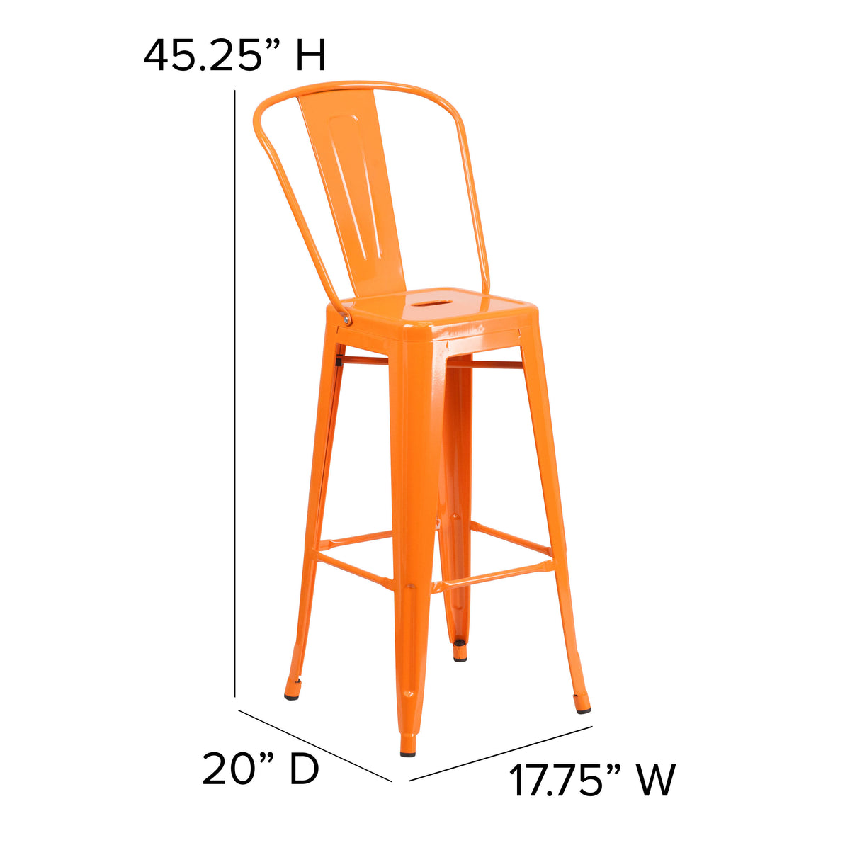 Orange |#| 30" High Orange Metal Indoor-Outdoor Barstool with Back - Kitchen Furniture