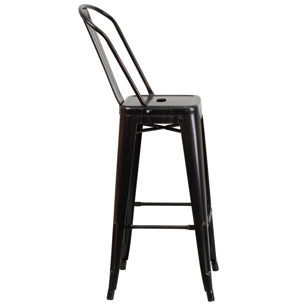 Black-Antique Gold |#| 30" High Black-Antique Gold Metal Indoor-Outdoor Barstool with Back - Kitchen