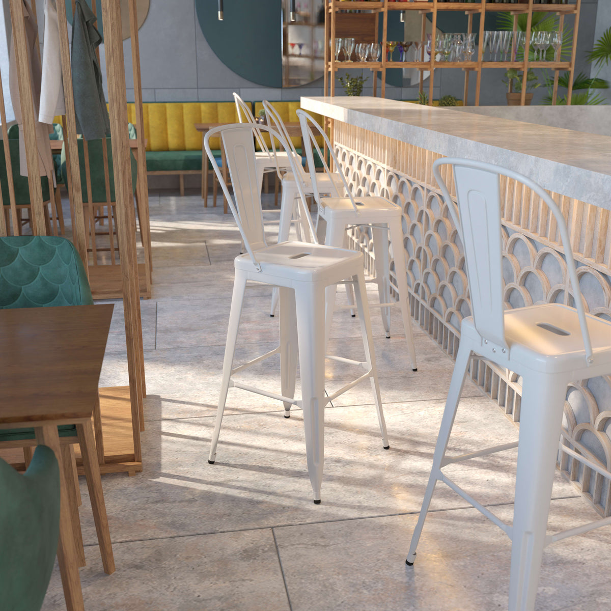 White |#| 30" High White Metal Indoor-Outdoor Barstool with Back - Kitchen Furniture