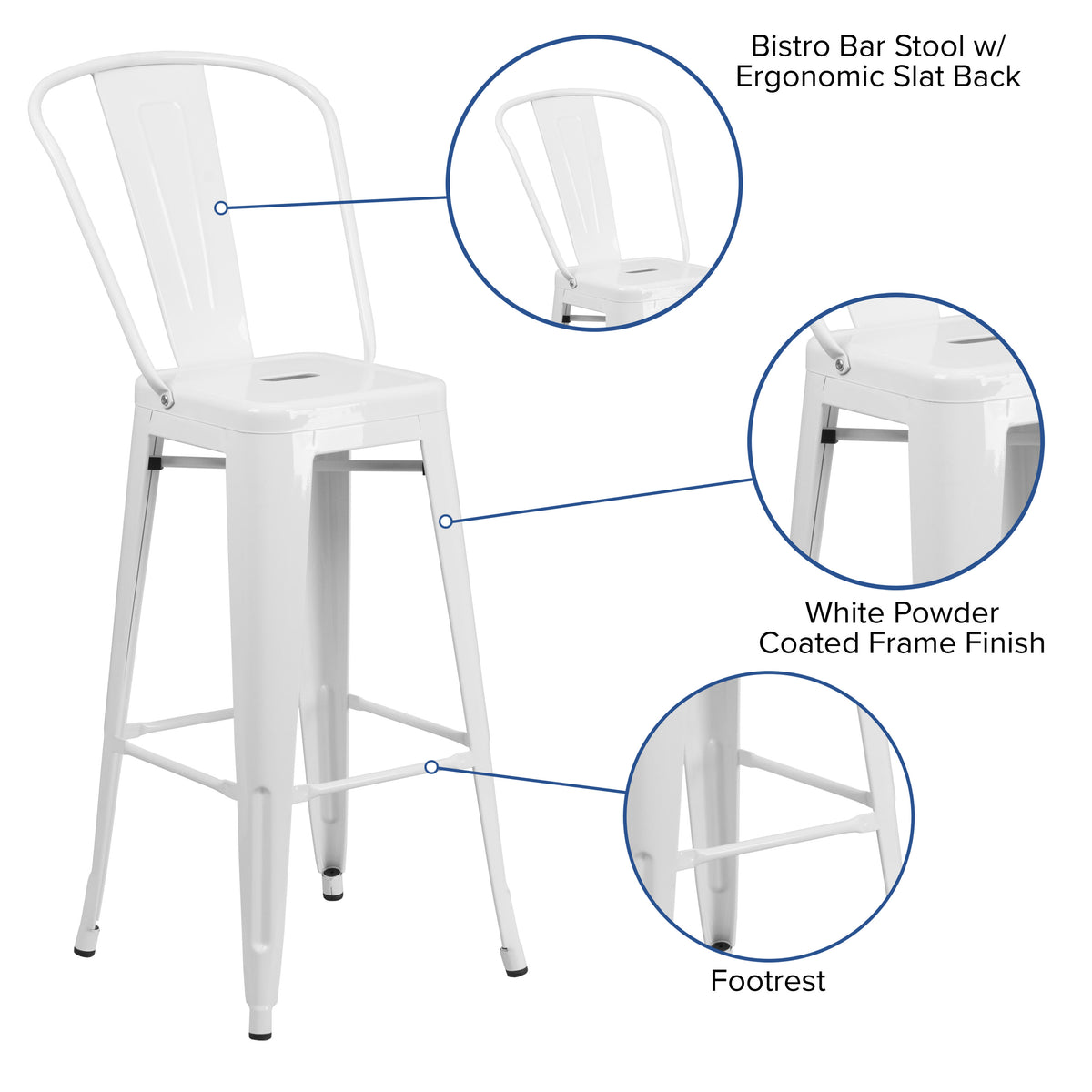 White |#| 30" High White Metal Indoor-Outdoor Barstool with Back - Kitchen Furniture