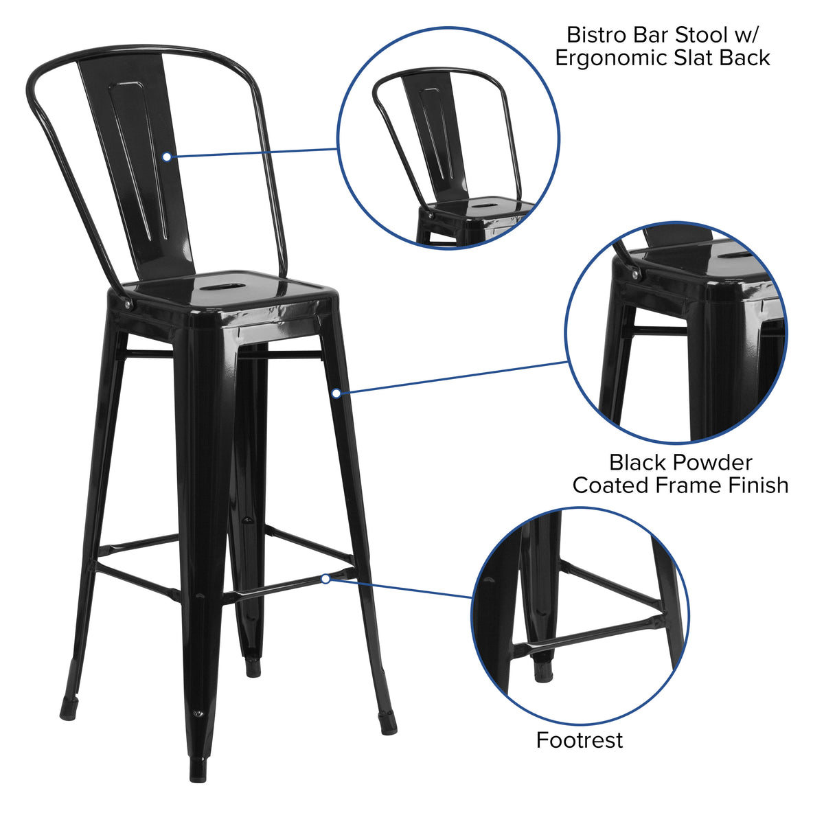 Black |#| 30" High Black Metal Indoor-Outdoor Barstool with Back - Kitchen Furniture