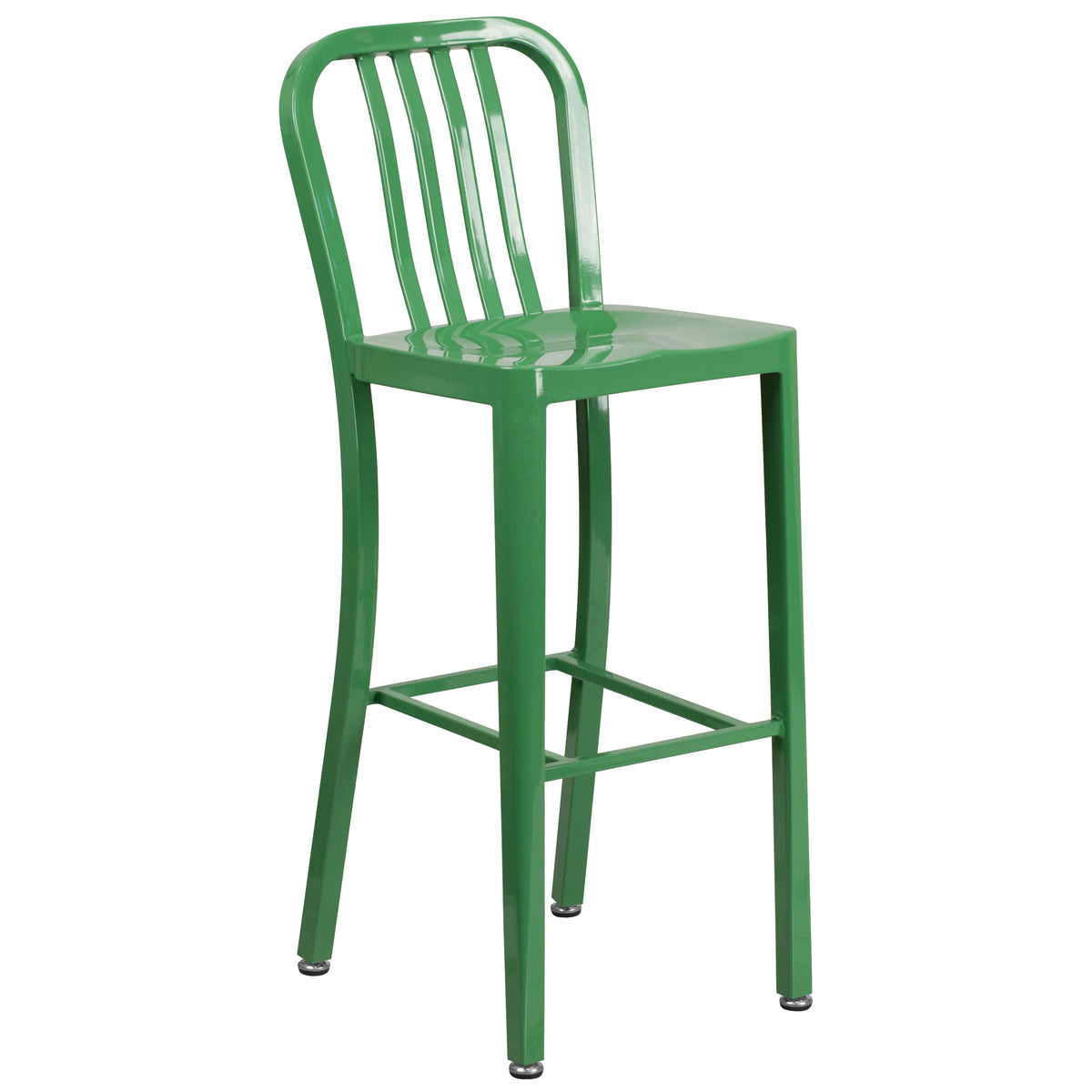 Green |#| 30" High Green Metal Indoor-Outdoor Barstool with Vertical Slat Back