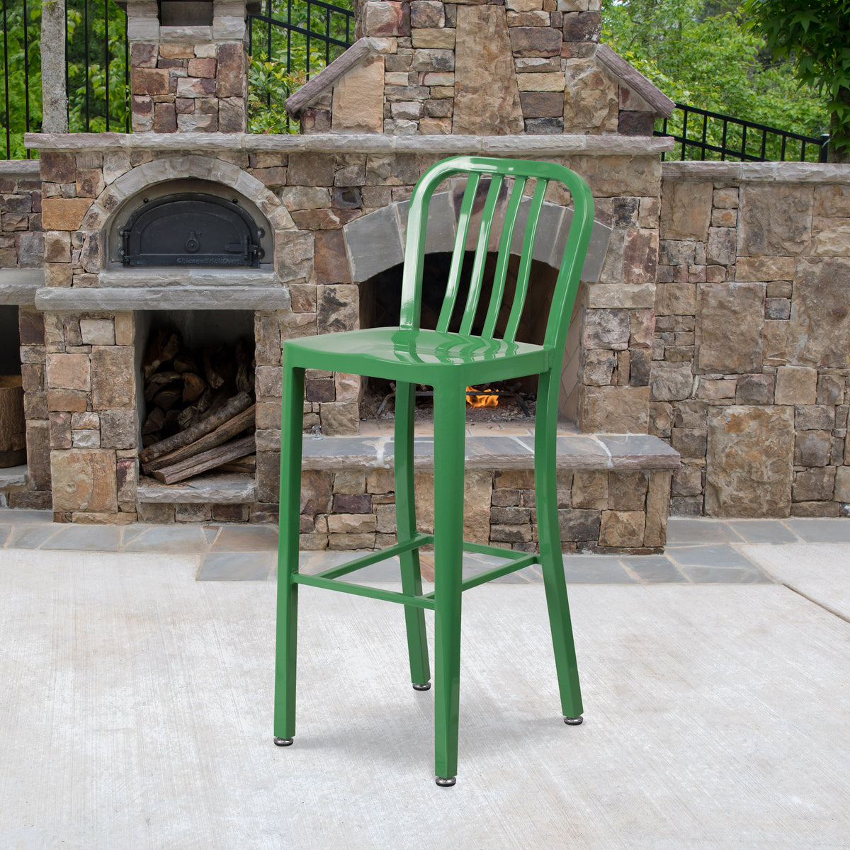 Green |#| 30" High Green Metal Indoor-Outdoor Barstool with Vertical Slat Back