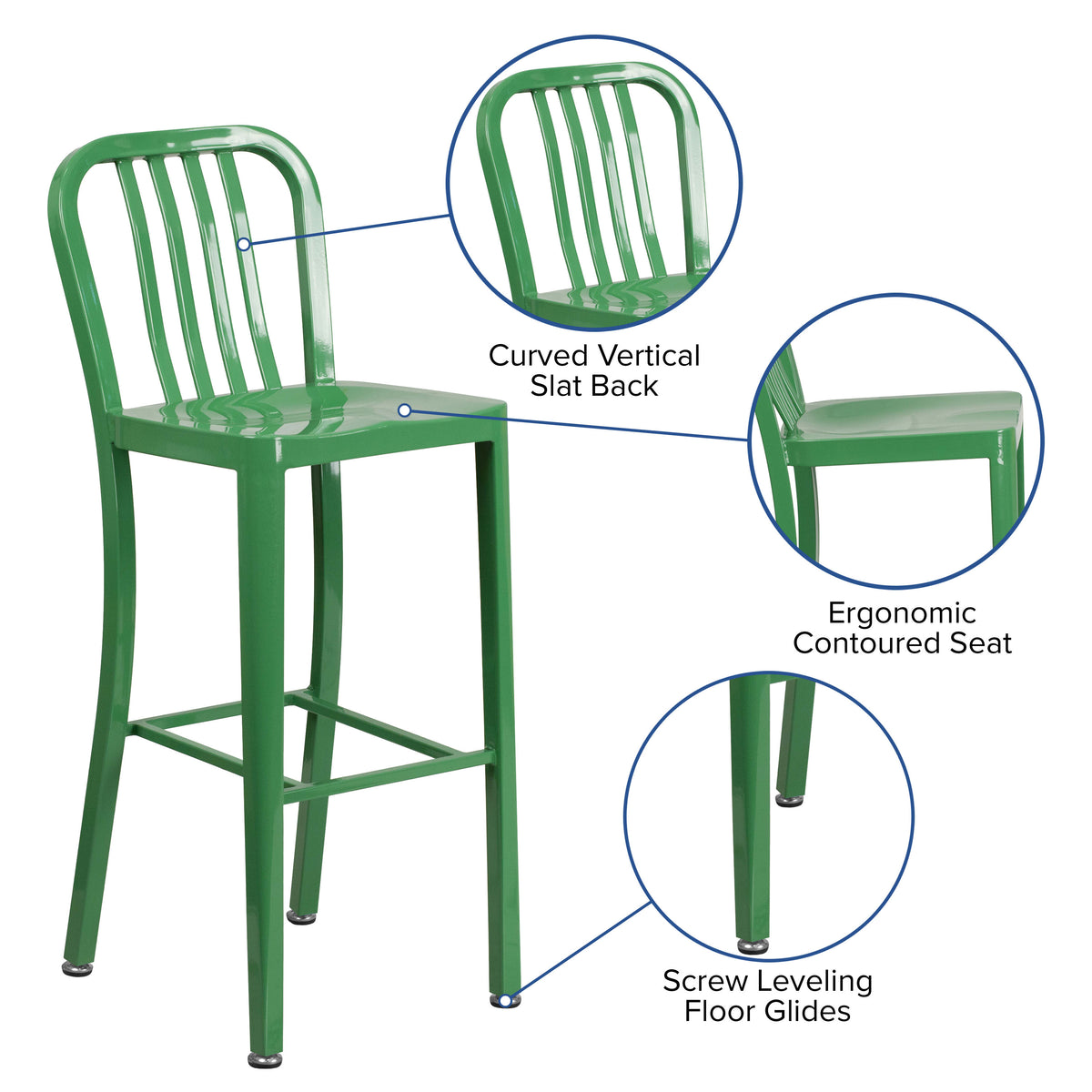 Green |#| 30" High Green Metal Indoor-Outdoor Barstool with Vertical Slat Back