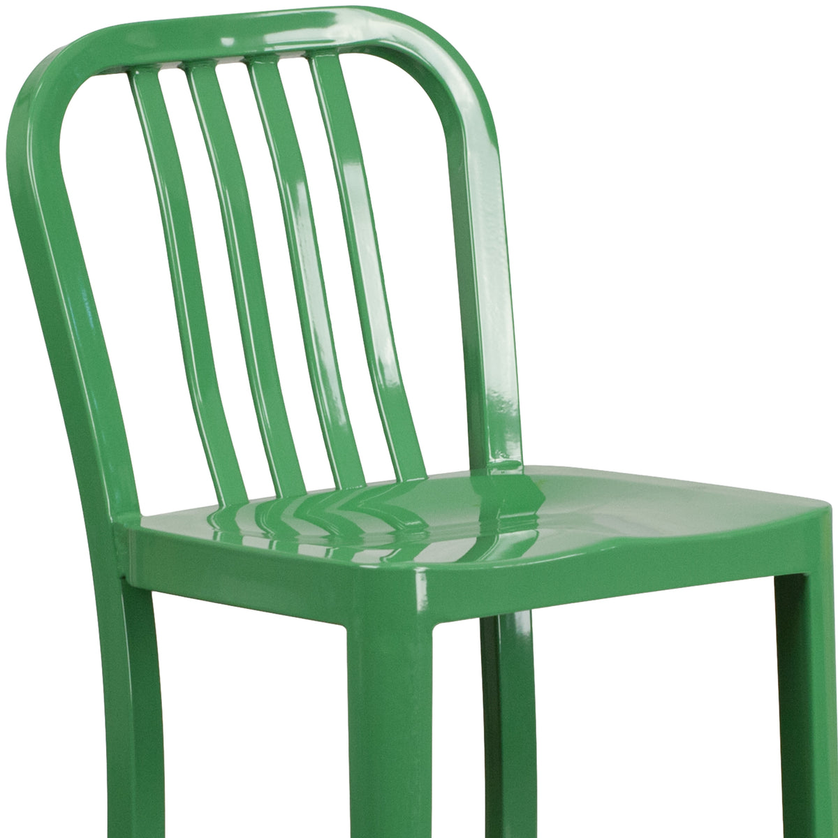 Green |#| 30" High Green Metal Indoor-Outdoor Barstool with Vertical Slat Back