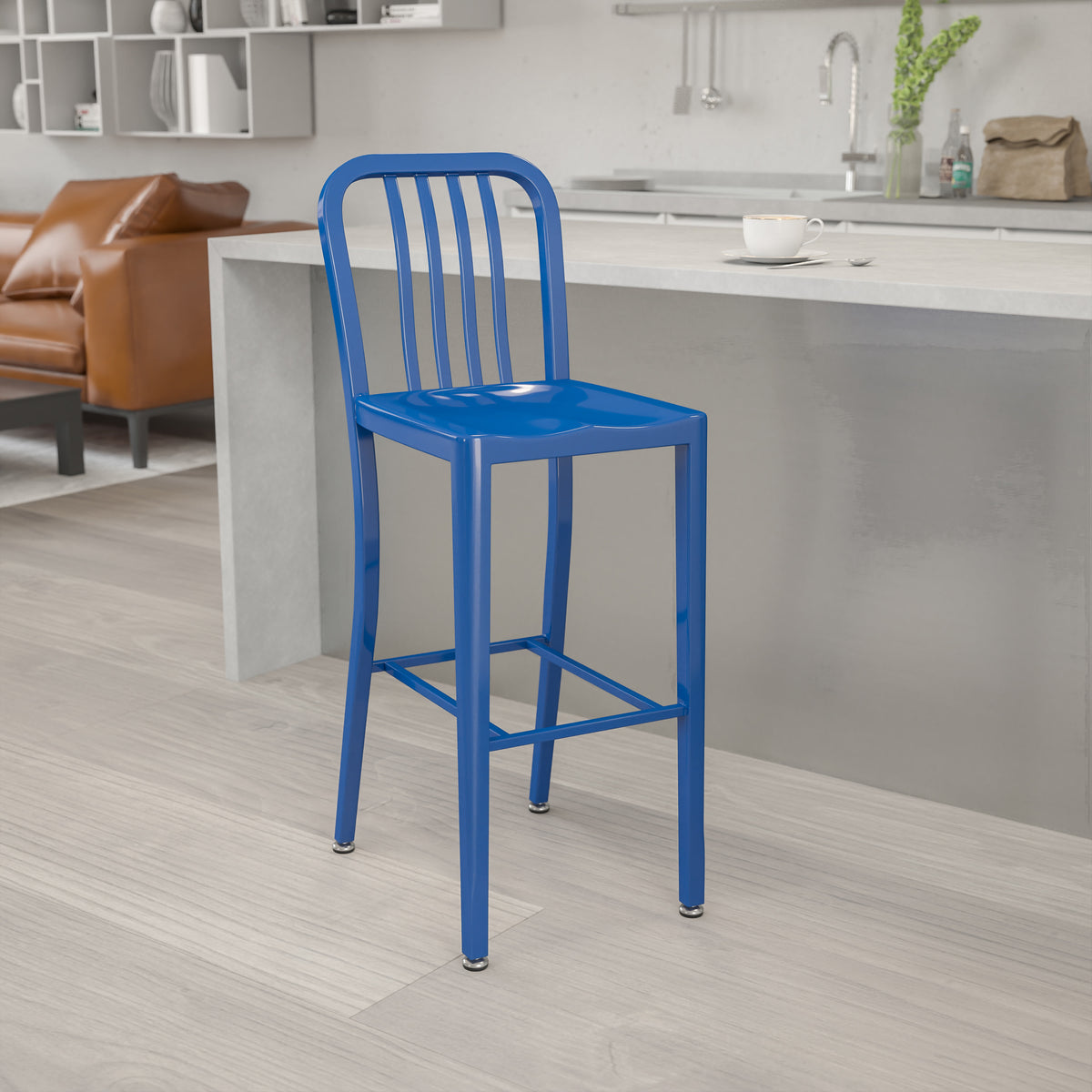 Blue |#| 30" High Blue Metal Indoor-Outdoor Barstool with Vertical Slat Back
