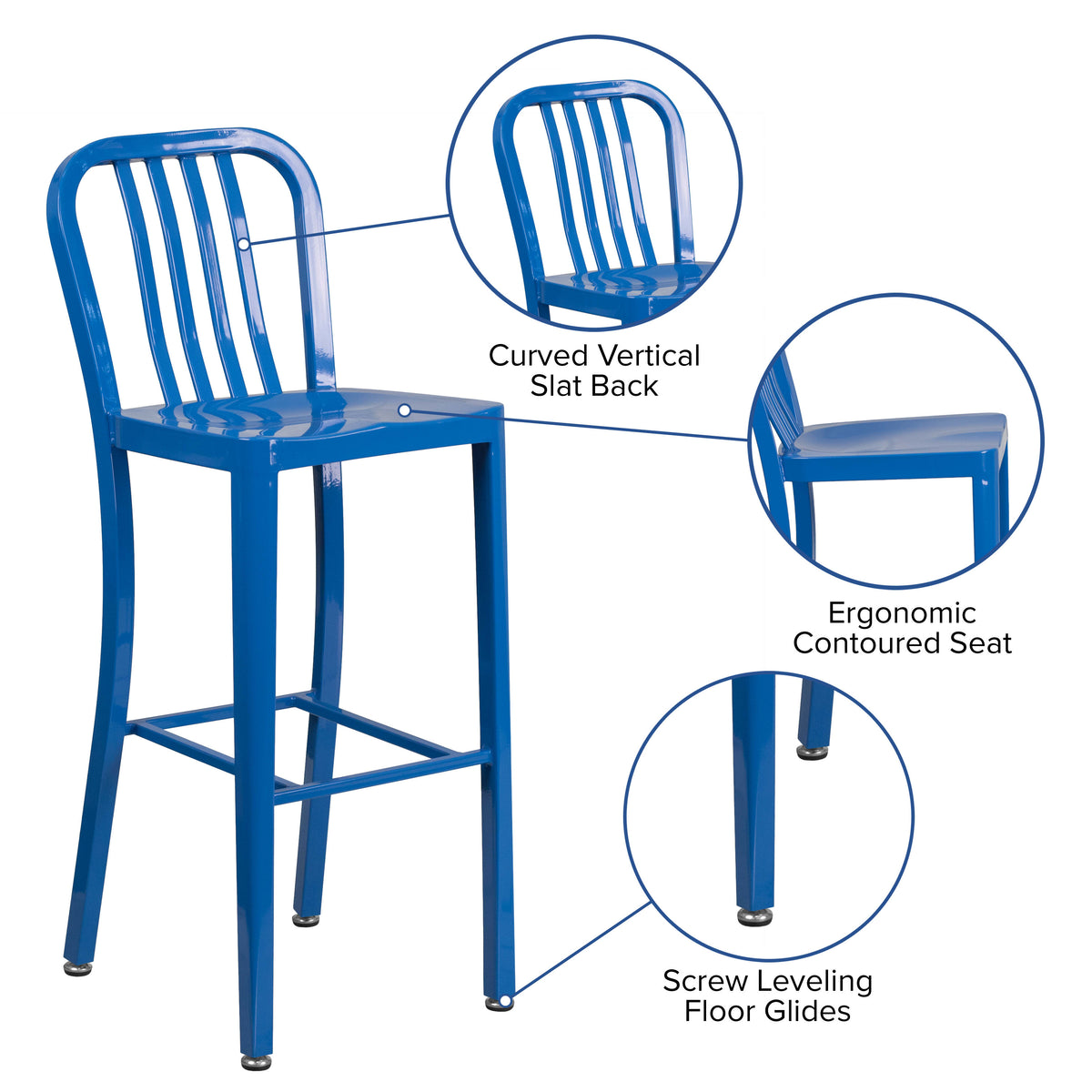 Blue |#| 30" High Blue Metal Indoor-Outdoor Barstool with Vertical Slat Back