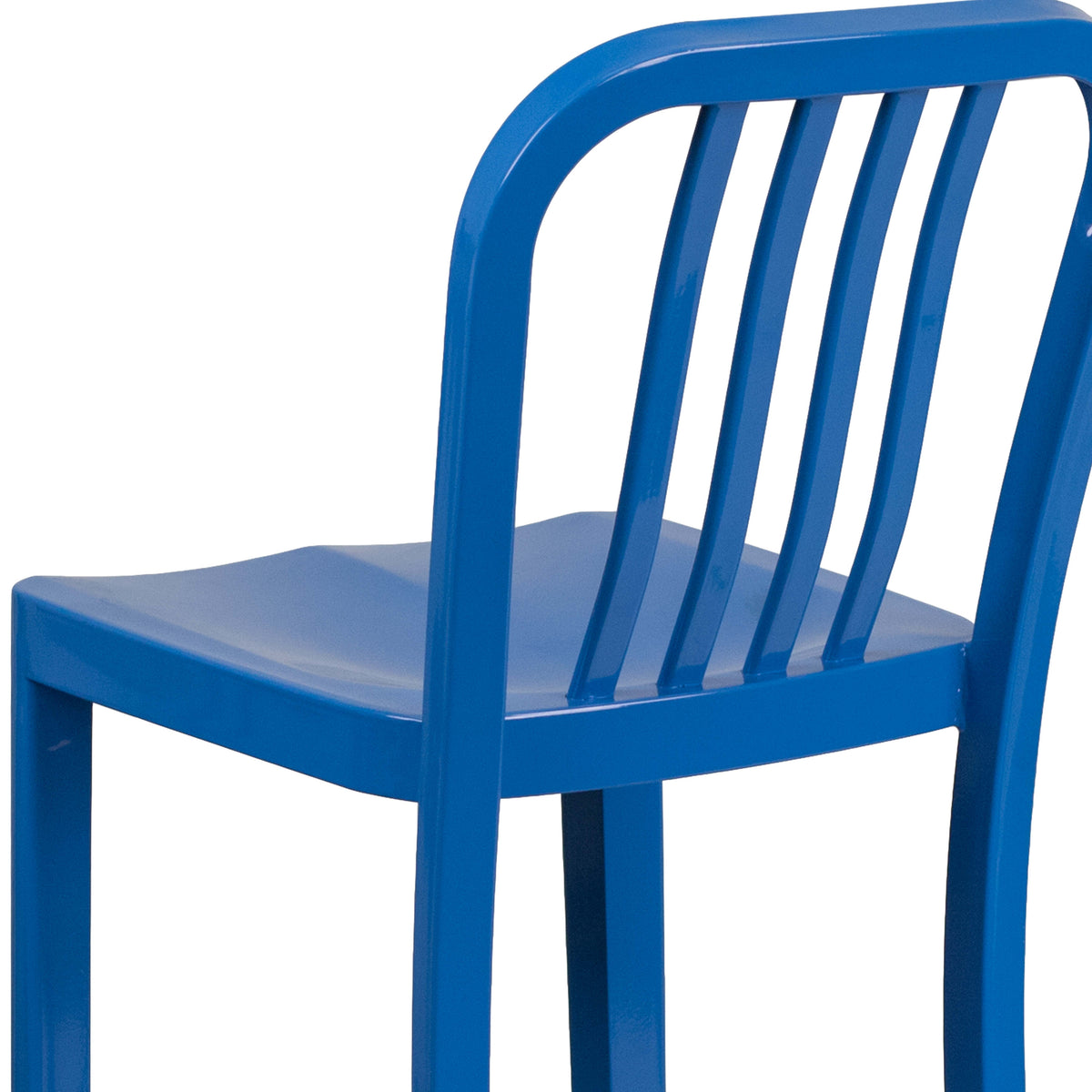 Blue |#| 30" High Blue Metal Indoor-Outdoor Barstool with Vertical Slat Back