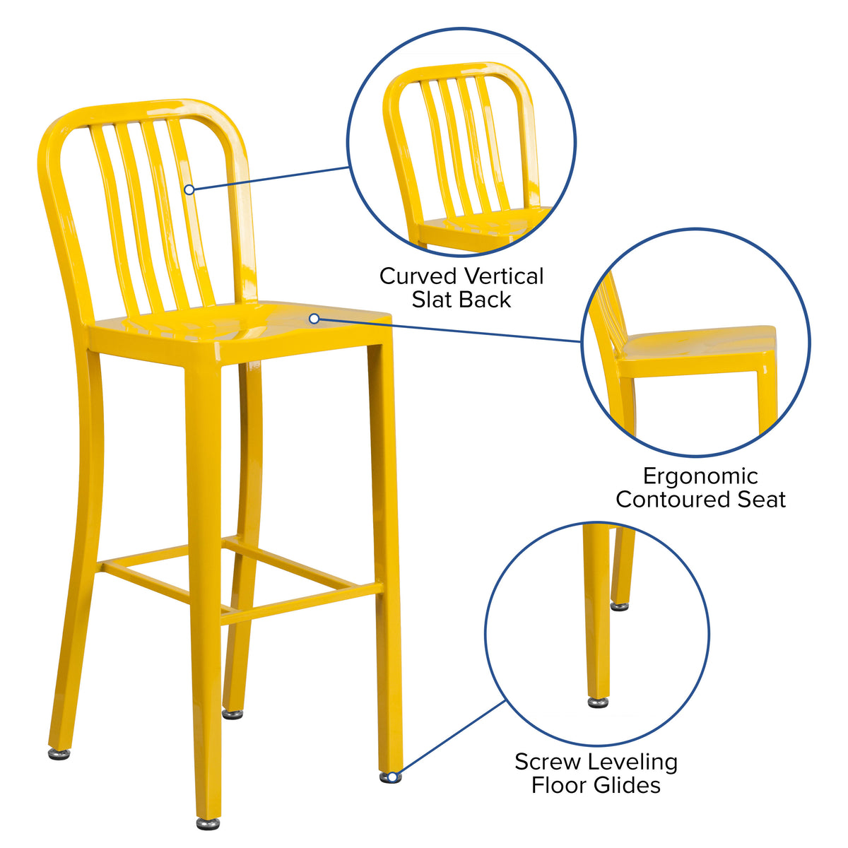 Yellow |#| 30" High Yellow Metal Indoor-Outdoor Barstool with Vertical Slat Back