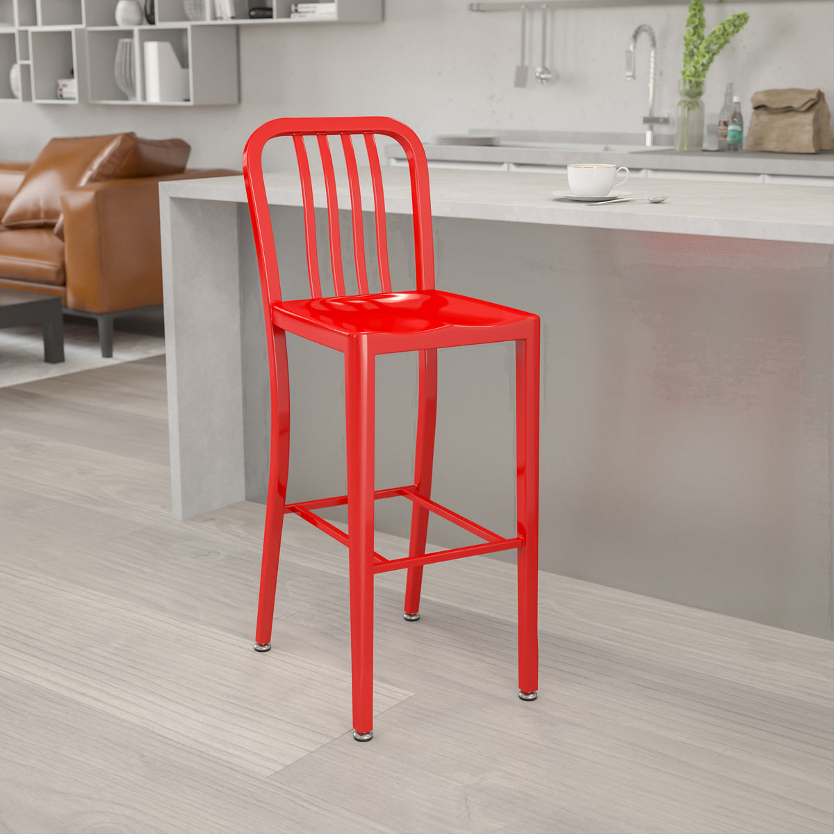 Red |#| 30" High Red Metal Indoor-Outdoor Barstool with Vertical Slat Back
