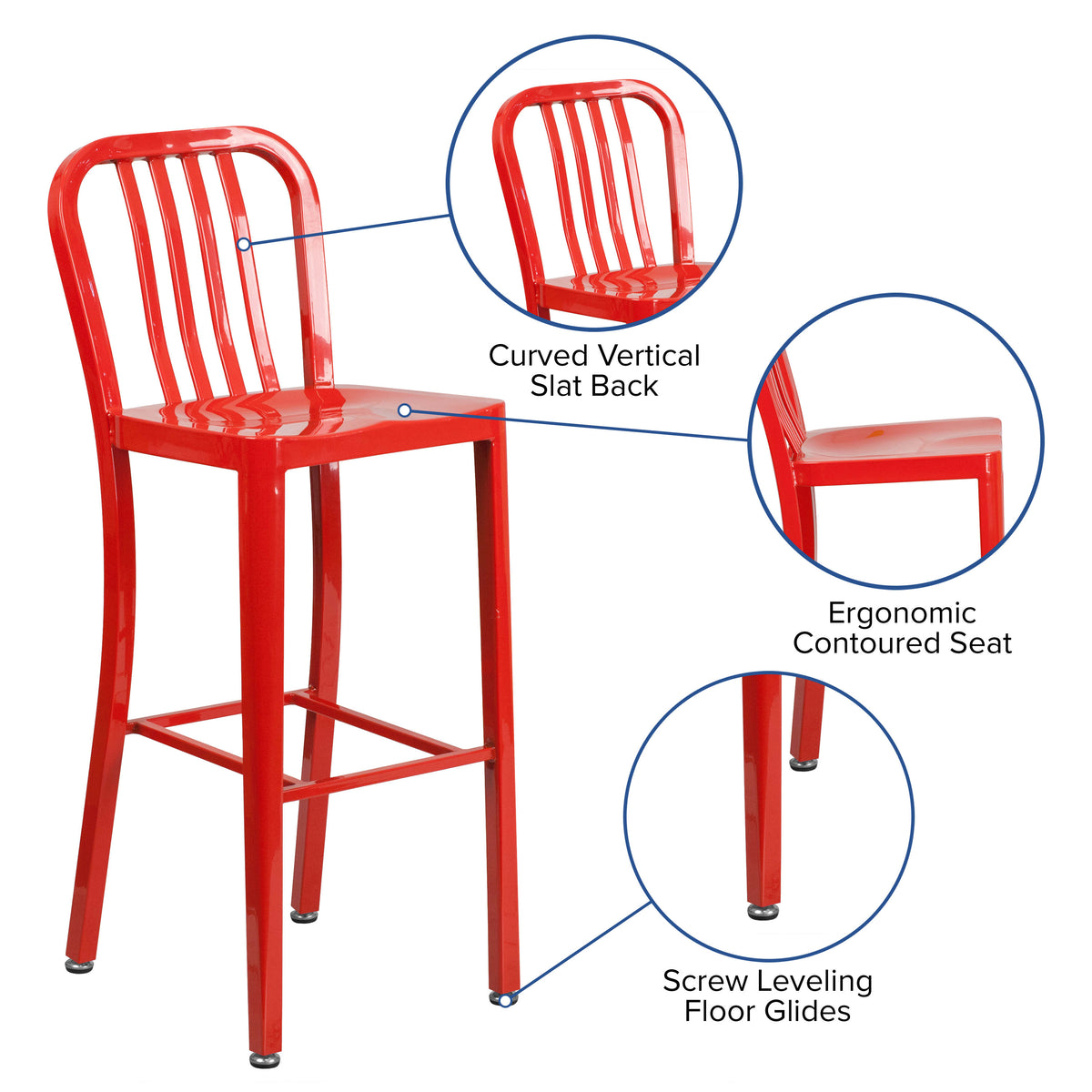 Red |#| 30" High Red Metal Indoor-Outdoor Barstool with Vertical Slat Back