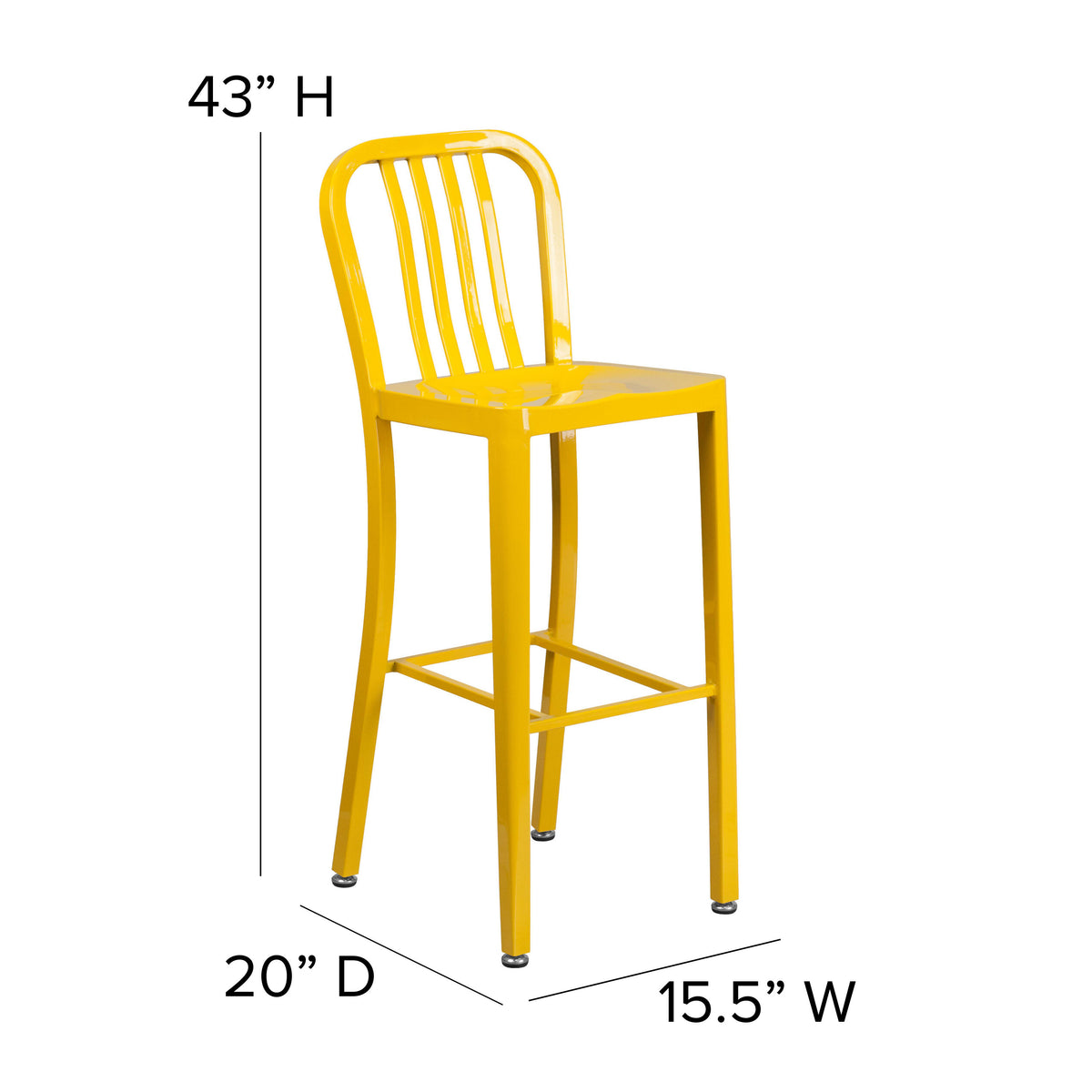 Yellow |#| 30" High Yellow Metal Indoor-Outdoor Barstool with Vertical Slat Back