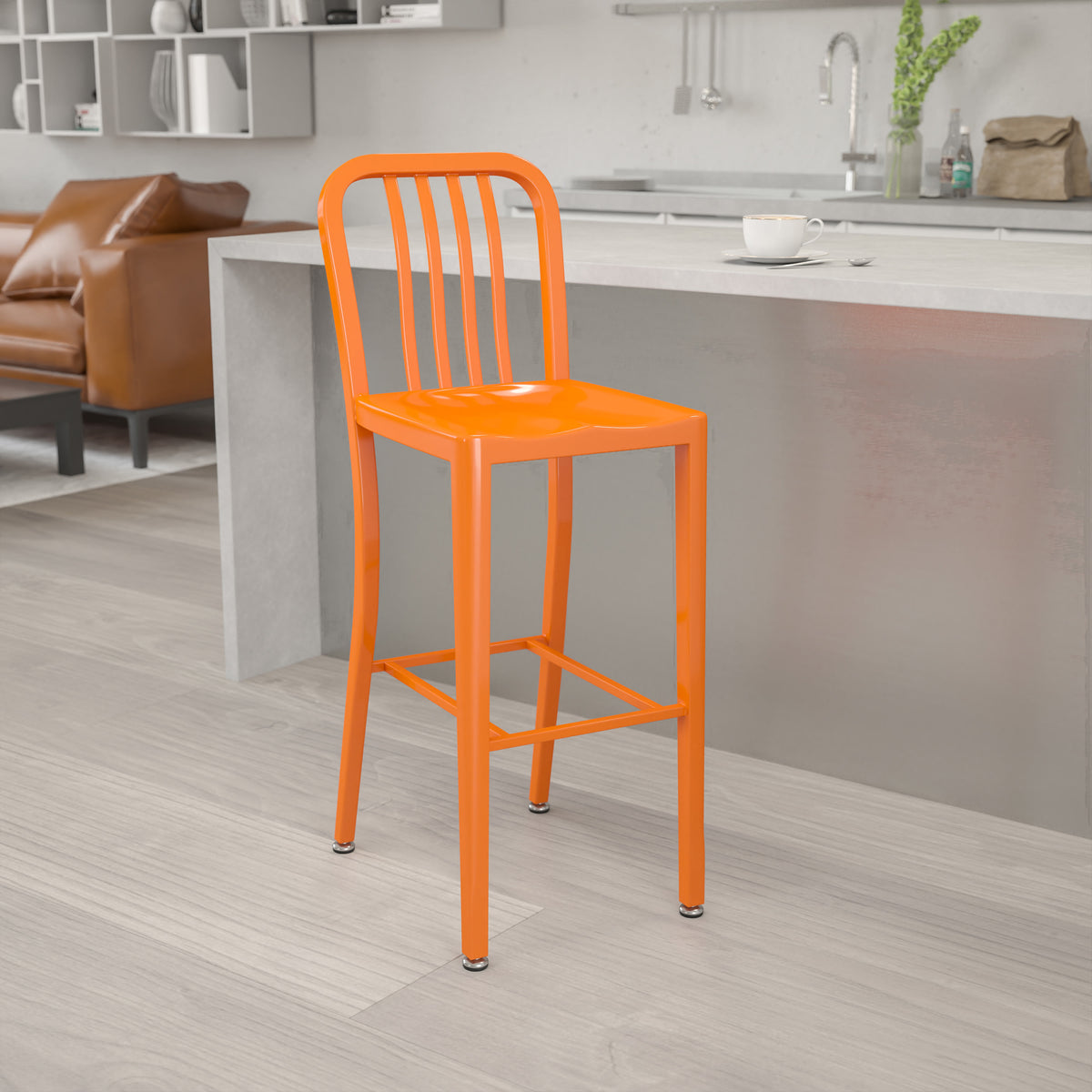 Orange |#| 30" High Orange Metal Indoor-Outdoor Barstool with Vertical Slat Back