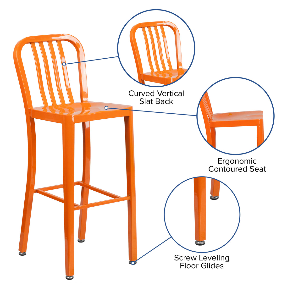 Orange |#| 30" High Orange Metal Indoor-Outdoor Barstool with Vertical Slat Back