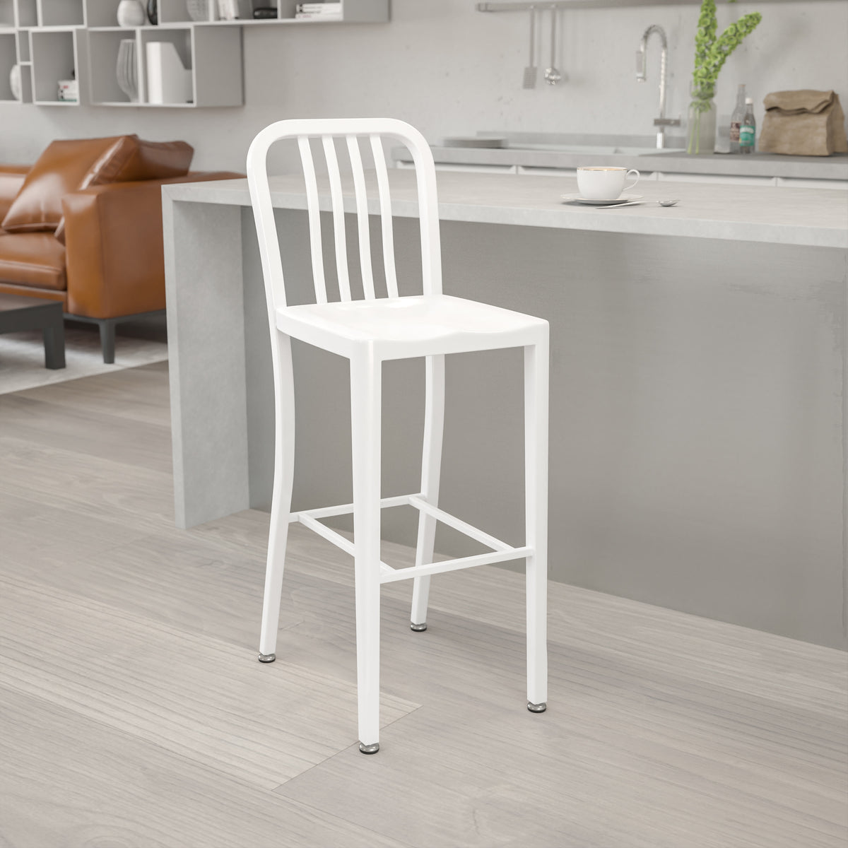 White |#| 30" High White Metal Indoor-Outdoor Barstool with Vertical Slat Back