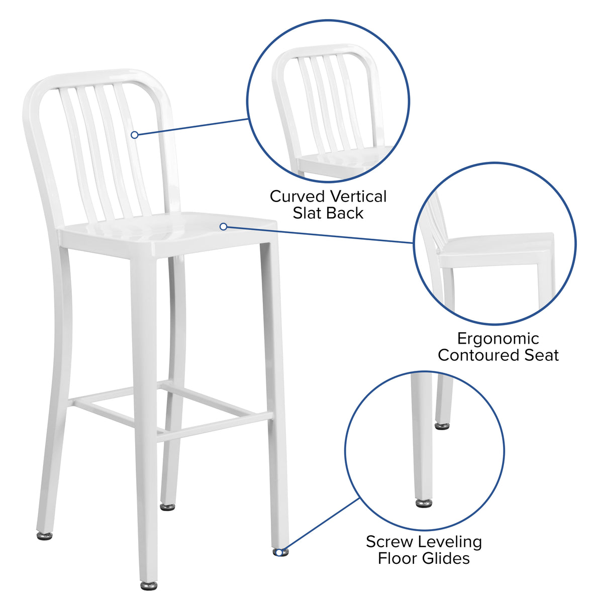 White |#| 30" High White Metal Indoor-Outdoor Barstool with Vertical Slat Back