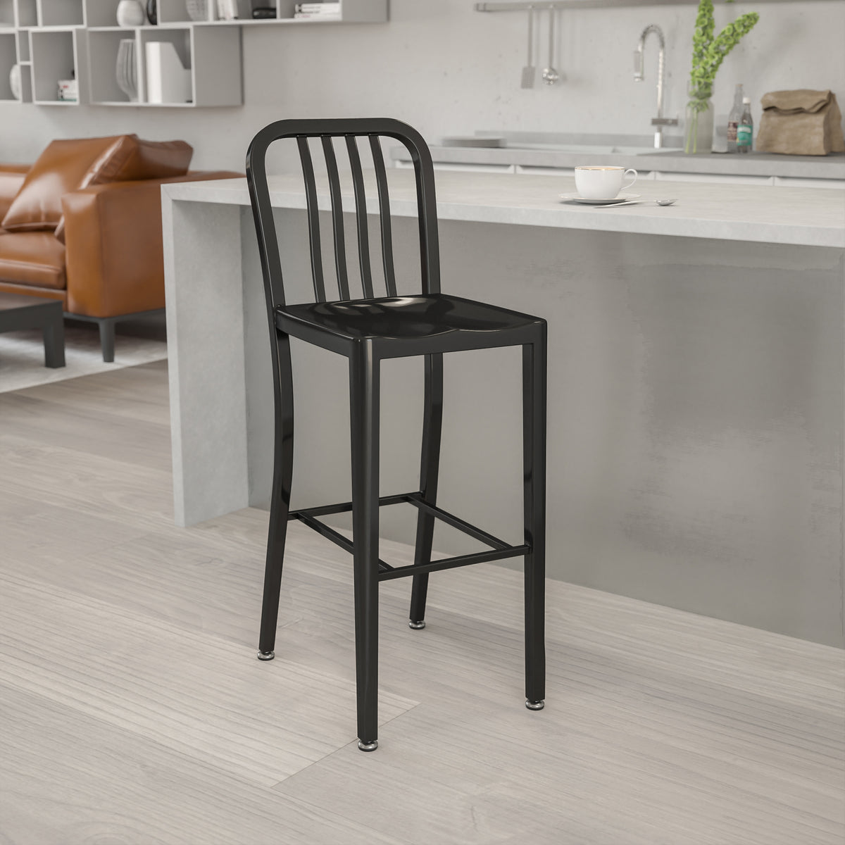 Black |#| 30" High Black Metal Indoor-Outdoor Barstool with Vertical Slat Back