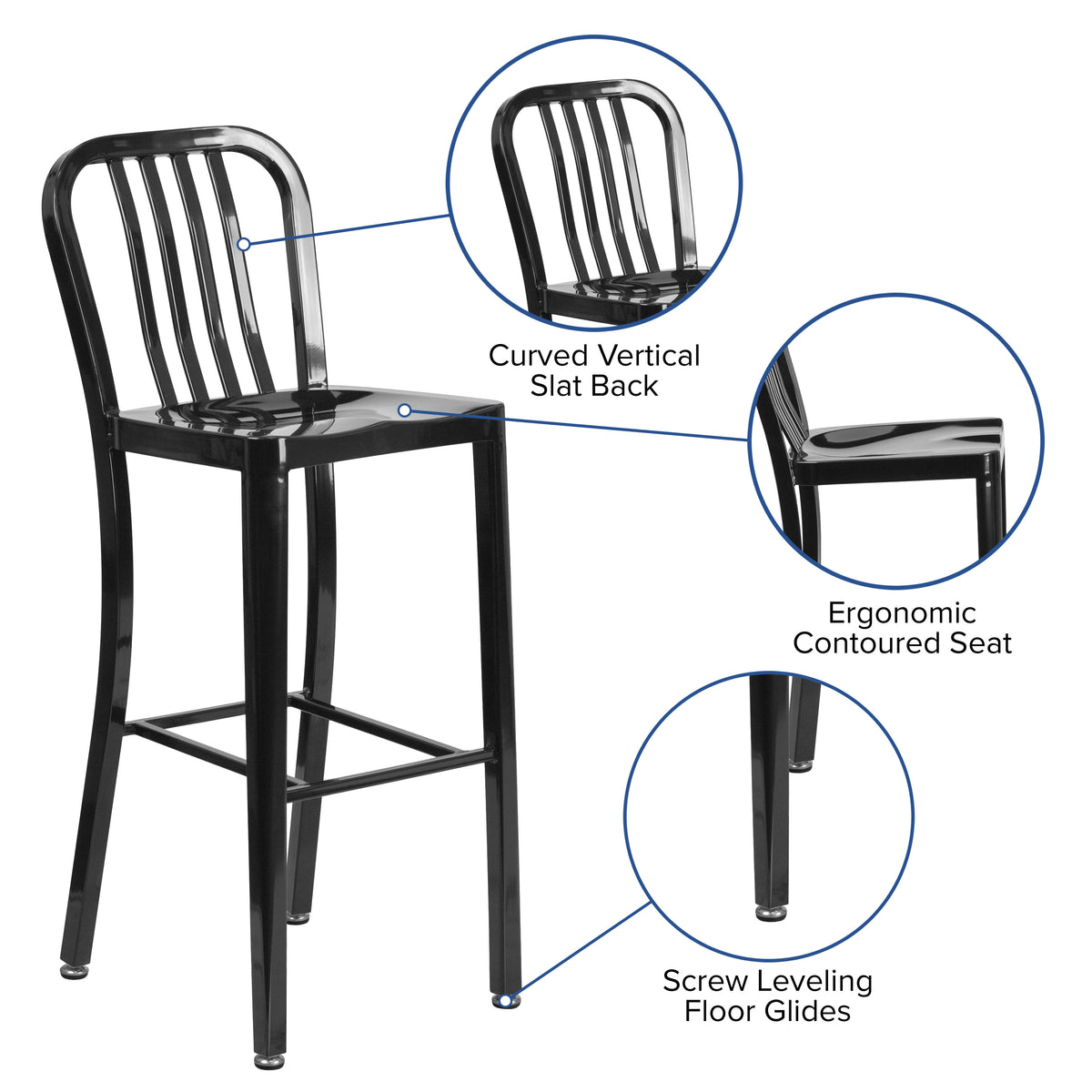 Black |#| 30" High Black Metal Indoor-Outdoor Barstool with Vertical Slat Back