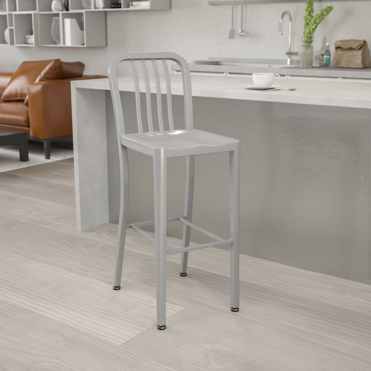 Silver |#| 30" High Silver Metal Indoor-Outdoor Barstool with Vertical Slat Back