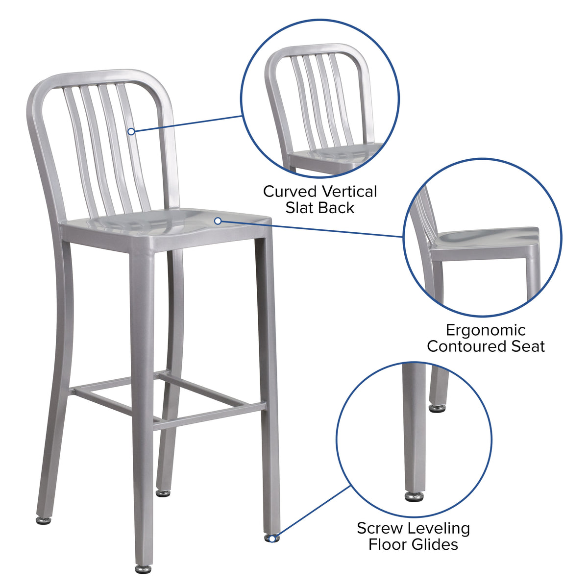 Silver |#| 30" High Silver Metal Indoor-Outdoor Barstool with Vertical Slat Back