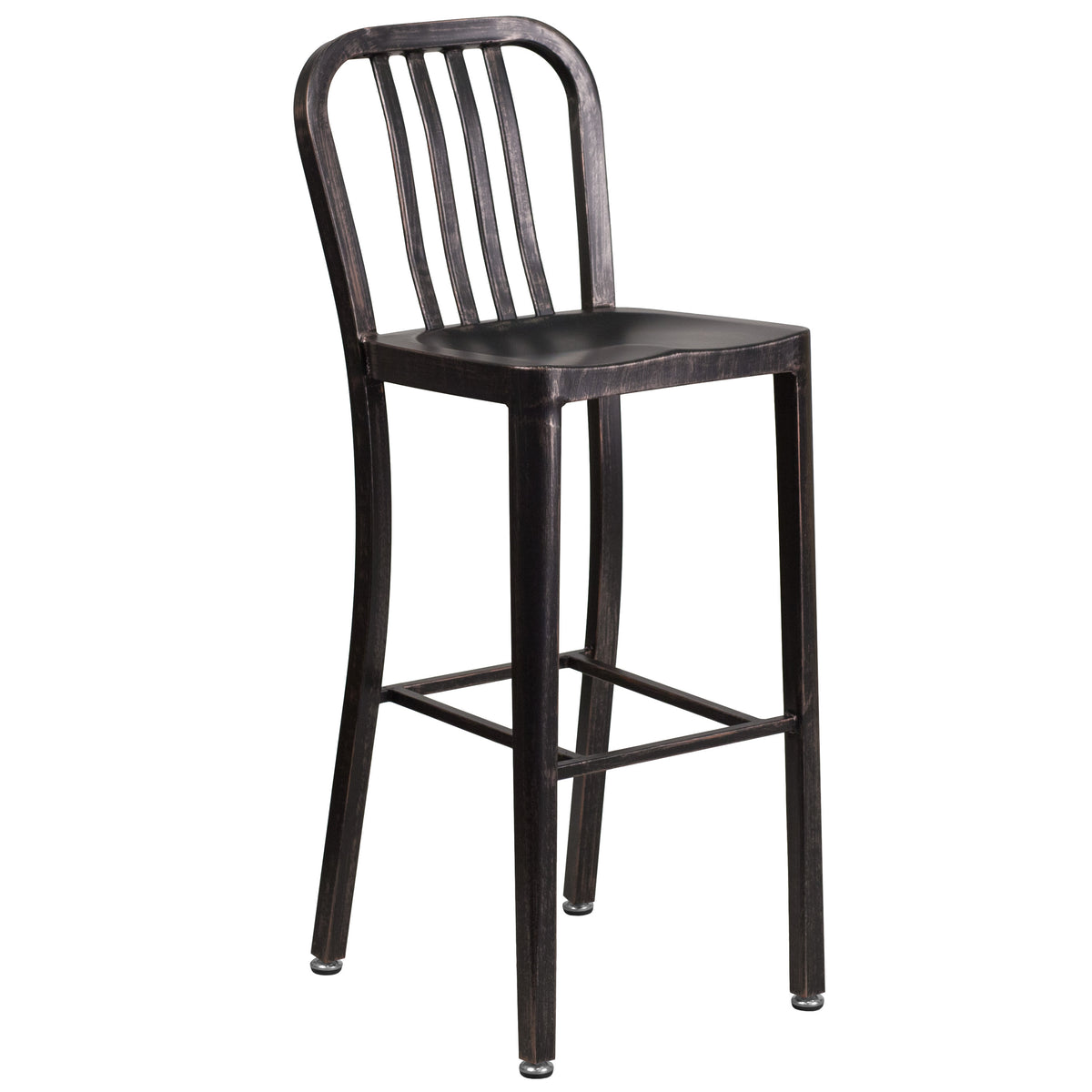 Black-Antique Gold |#| 30" High Black-Gold Metal Indoor-Outdoor Barstool with Vertical Slat Back