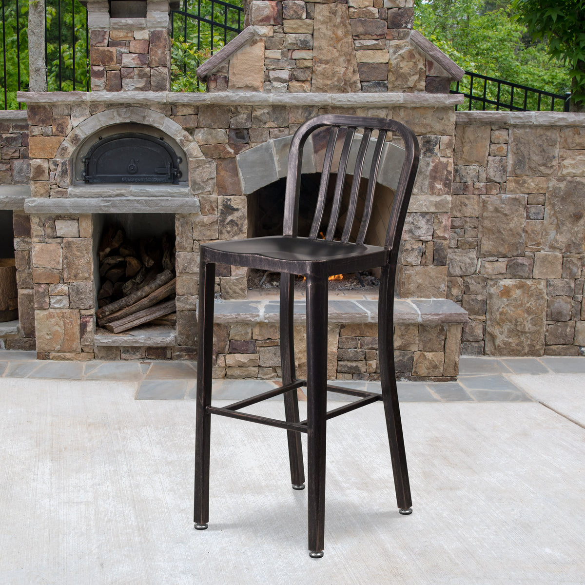 Black-Antique Gold |#| 30" High Black-Gold Metal Indoor-Outdoor Barstool with Vertical Slat Back