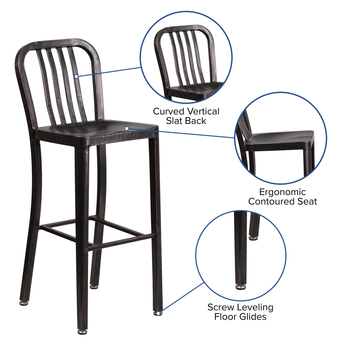 Black-Antique Gold |#| 30" High Black-Gold Metal Indoor-Outdoor Barstool with Vertical Slat Back