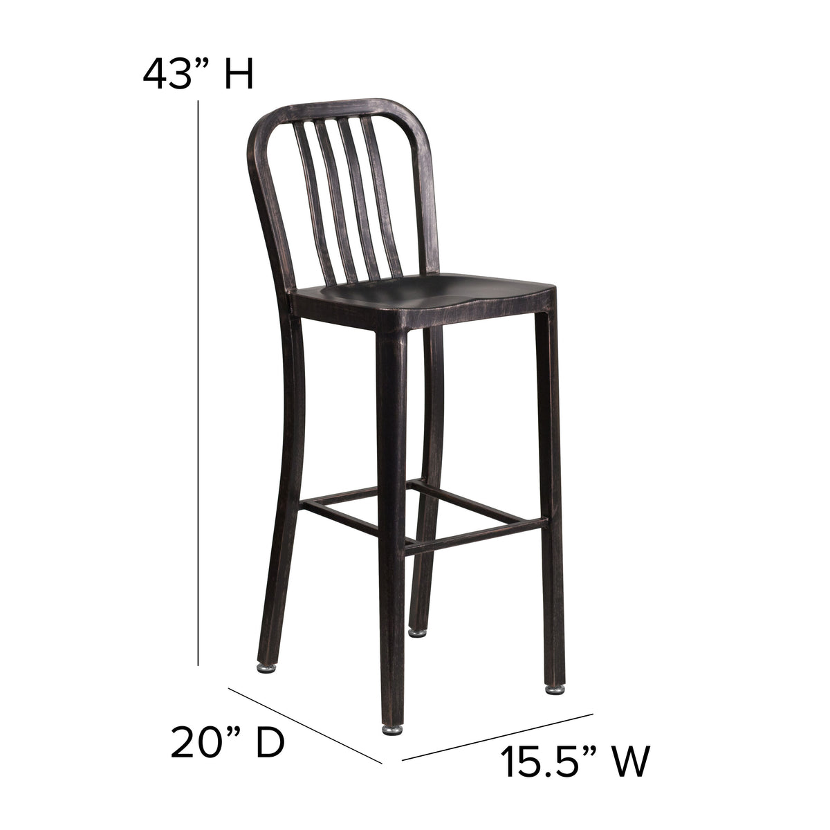Black-Antique Gold |#| 30" High Black-Gold Metal Indoor-Outdoor Barstool with Vertical Slat Back