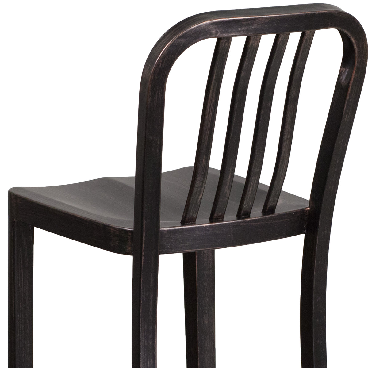 Black-Antique Gold |#| 30" High Black-Gold Metal Indoor-Outdoor Barstool with Vertical Slat Back