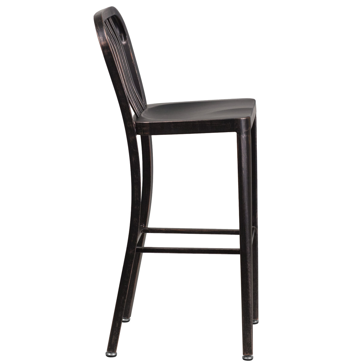 Black-Antique Gold |#| 30" High Black-Gold Metal Indoor-Outdoor Barstool with Vertical Slat Back