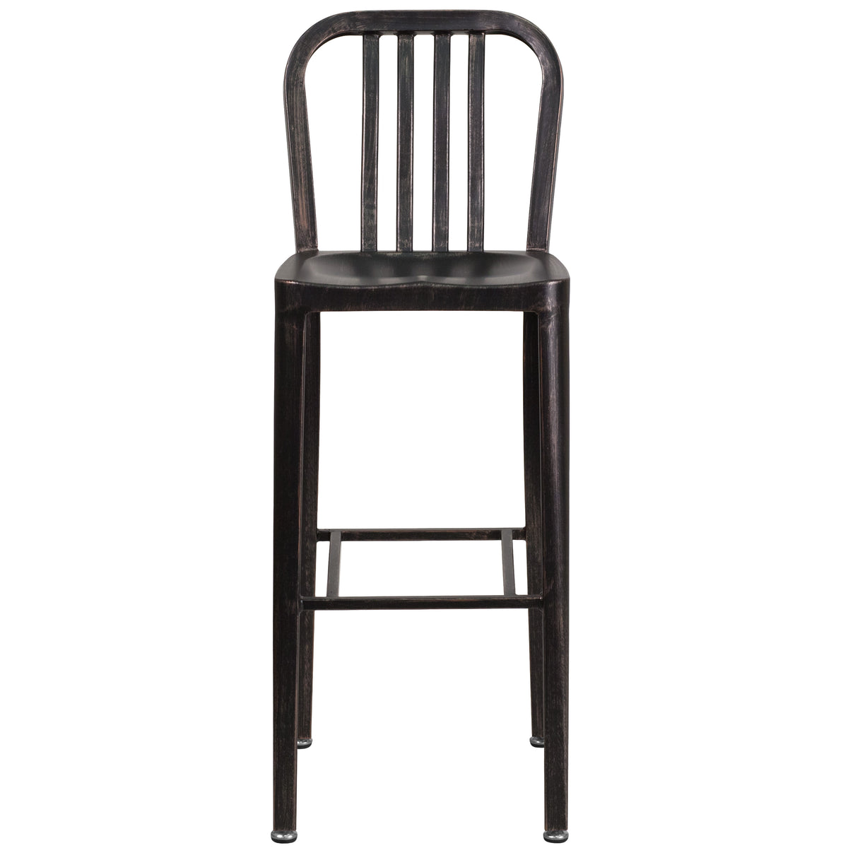 Black-Antique Gold |#| 30" High Black-Gold Metal Indoor-Outdoor Barstool with Vertical Slat Back