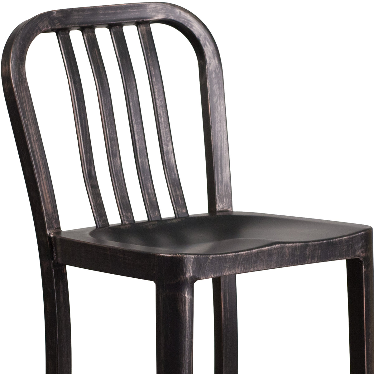 Black-Antique Gold |#| 30" High Black-Gold Metal Indoor-Outdoor Barstool with Vertical Slat Back