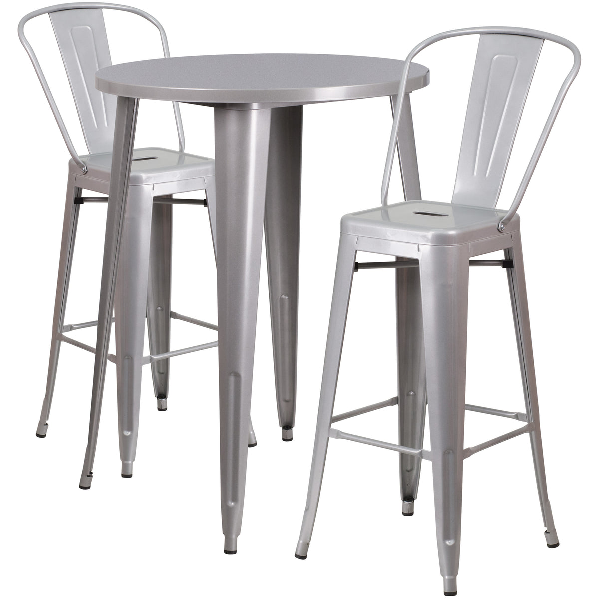 Silver |#| 30" Round Silver Metal Indoor-Outdoor Bar Table Set with 2 Cafe Stools