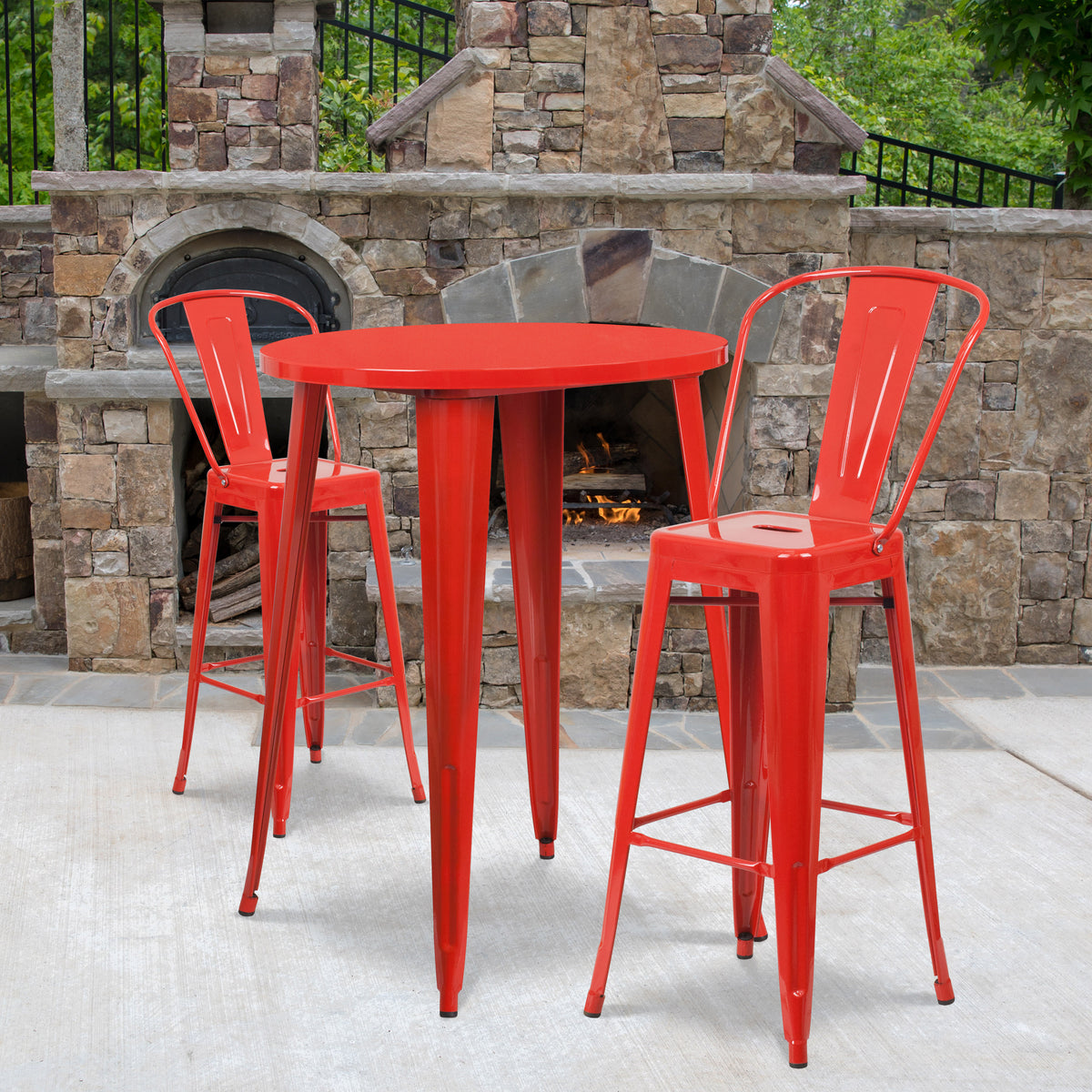 Red |#| 30" Round Red Metal Indoor-Outdoor Bar Table Set with 2 Cafe Stools