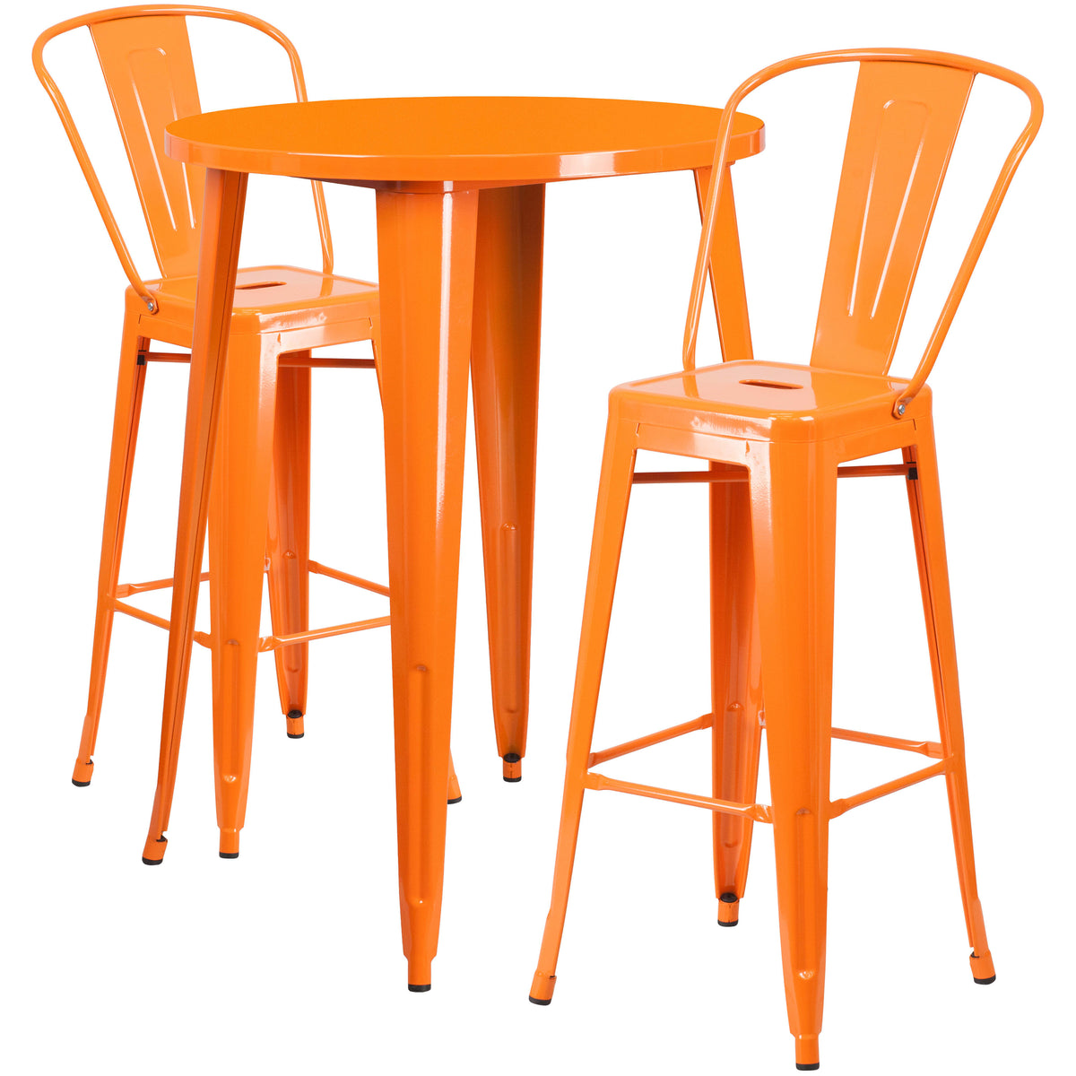 Orange |#| 30" Round Orange Metal Indoor-Outdoor Bar Table Set with 2 Cafe Stools