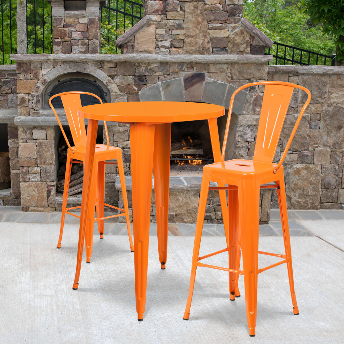 Orange |#| 30" Round Orange Metal Indoor-Outdoor Bar Table Set with 2 Cafe Stools