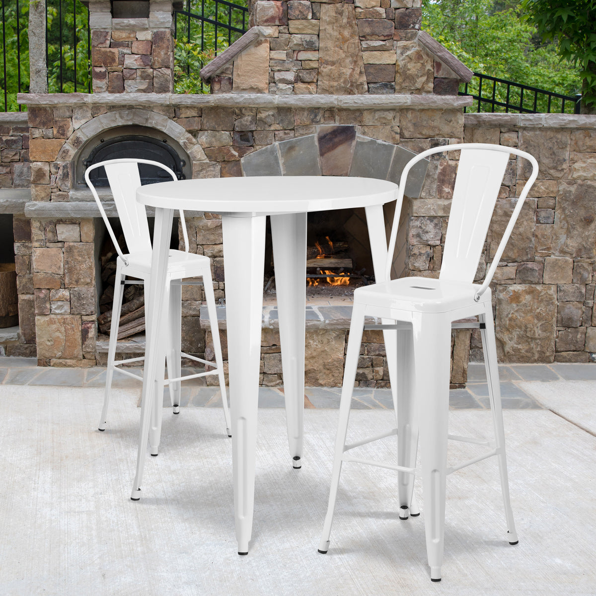 White |#| 30" Round White Metal Indoor-Outdoor Bar Table Set with 2 Cafe Stools