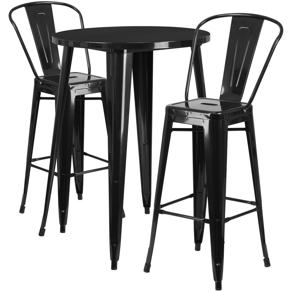 Black |#| 30" Round Black Metal Indoor-Outdoor Bar Table Set with 2 Cafe Stools