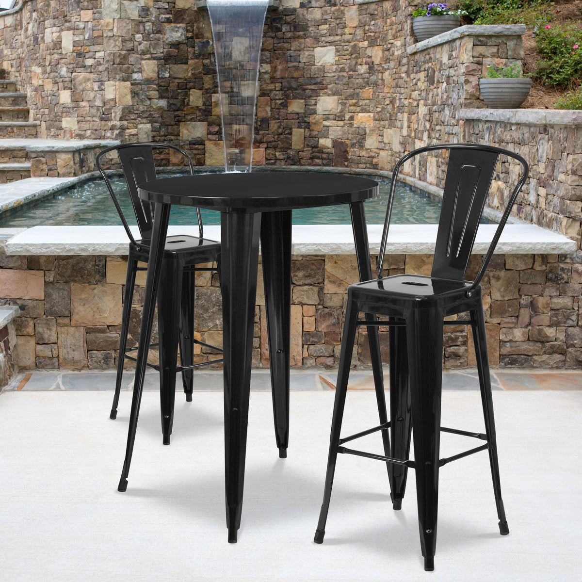 Black |#| 30" Round Black Metal Indoor-Outdoor Bar Table Set with 2 Cafe Stools